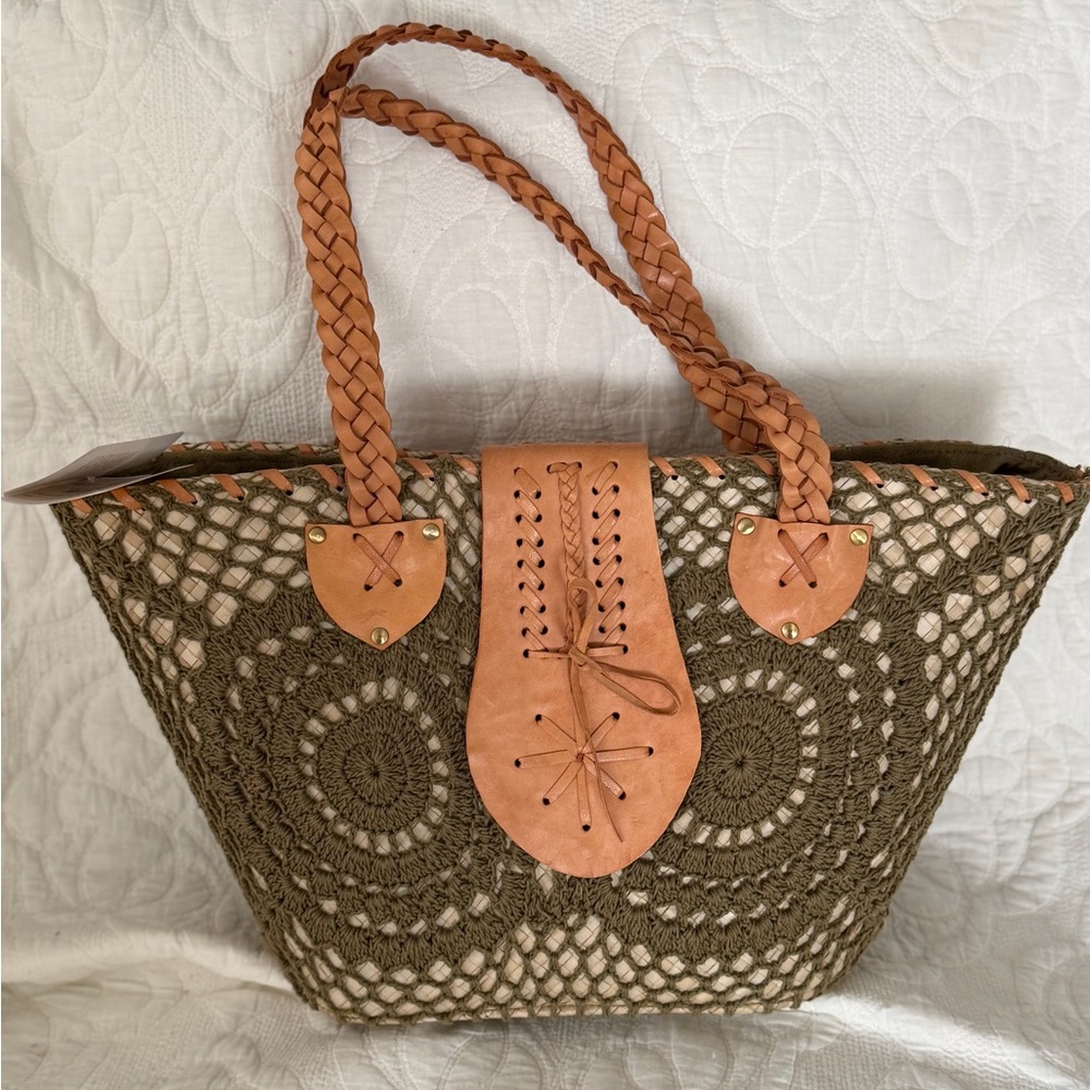 Roberta Roller Rabbit Olive and Tan Crochet Tote